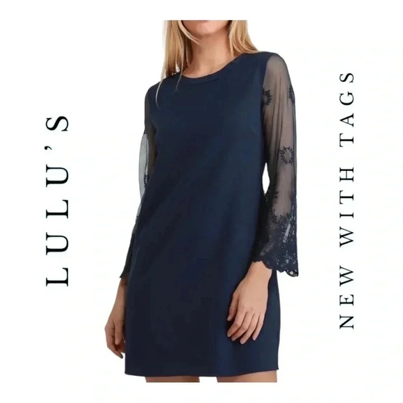 1043. Lulu’s DRESS WITH MESH SLEEVES KNEE LENGTH SIZE X-LARGE NAVY BLUE IN COLOR - Picture 1 of 11